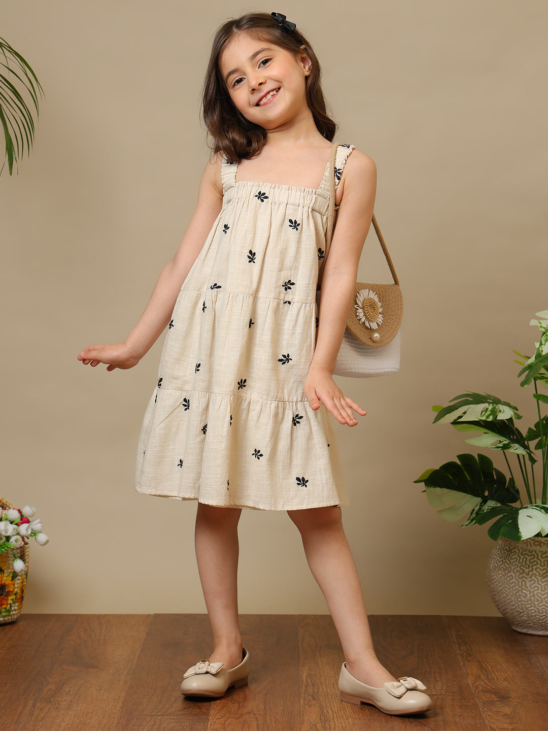 Girls Off-White Embroidered Tiered Strap Dress
