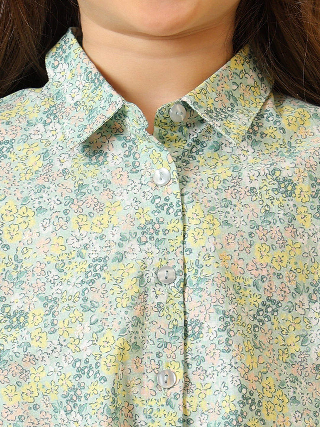 Mint green floral printed girls co-ord set with ruffle sleeve top and matching shorts