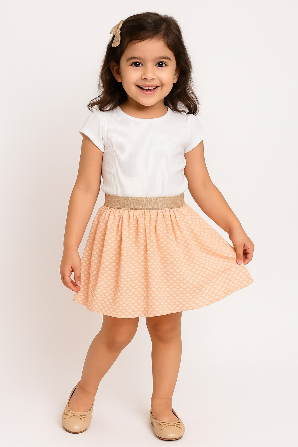 Peach girls pleated skirt with gathered waist and flared hem
