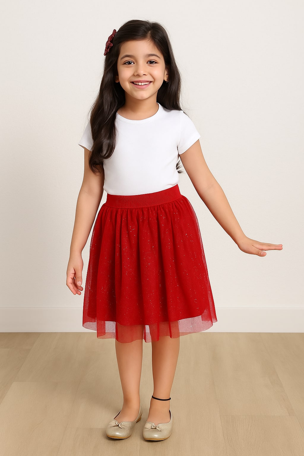 White top with red girls layered tulle skirt and ruffle detailing