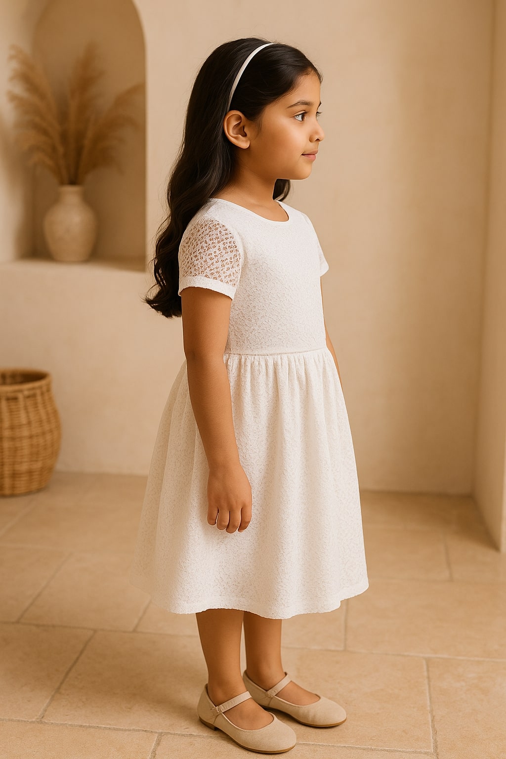 Grey girls short sleeve fit and flare dress with gathered waist and flared skirt