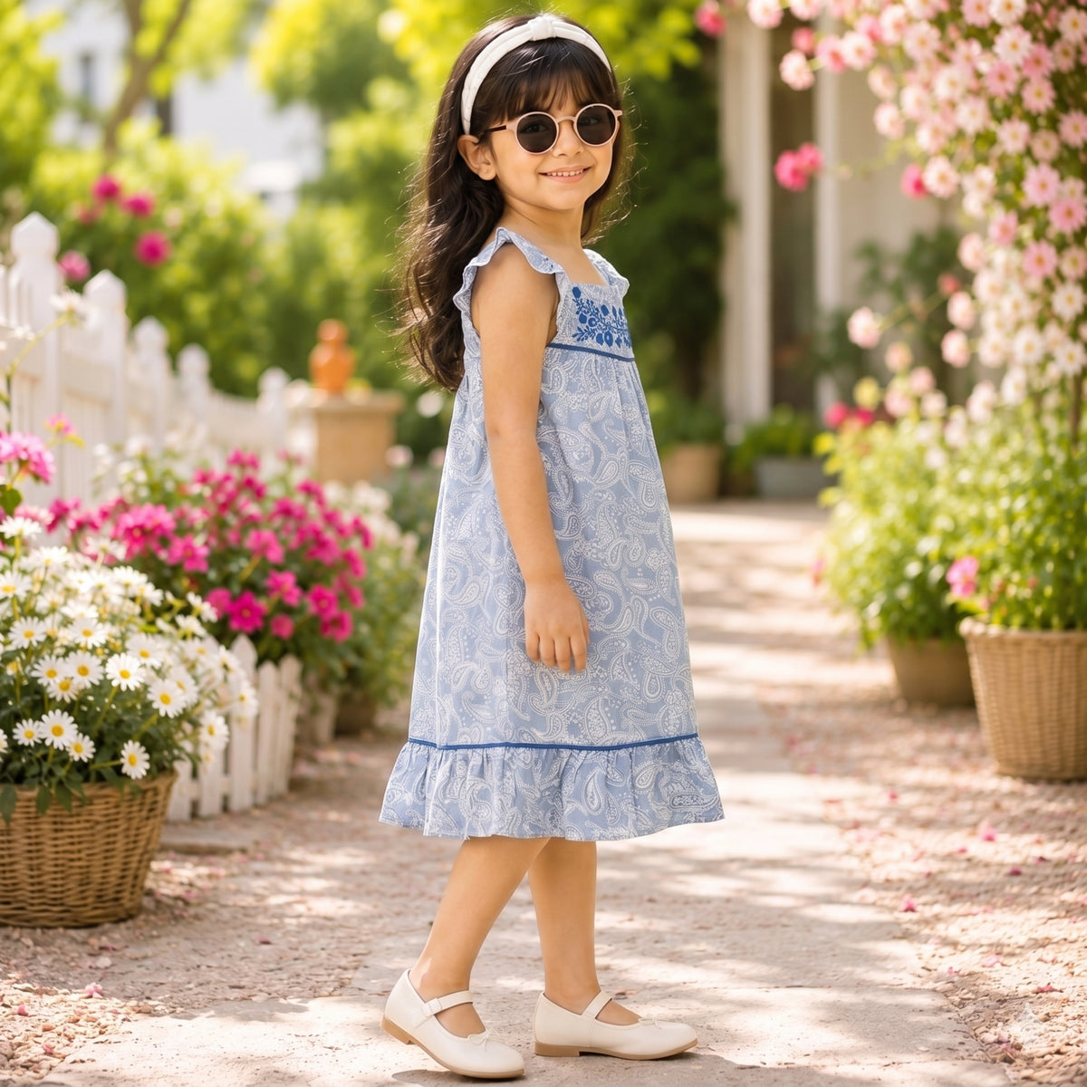 Blue girls striped short sleeve dress with layered ruffle hem and gathered waist