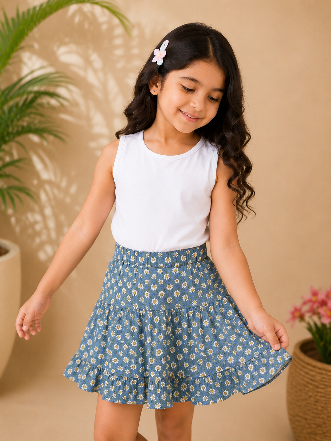 Blue floral printed girls asymmetric flared skirt with gathered waist
