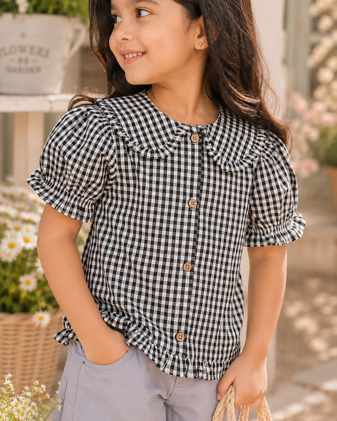 Grey girls checked shorts with elasticated waist and relaxed fit