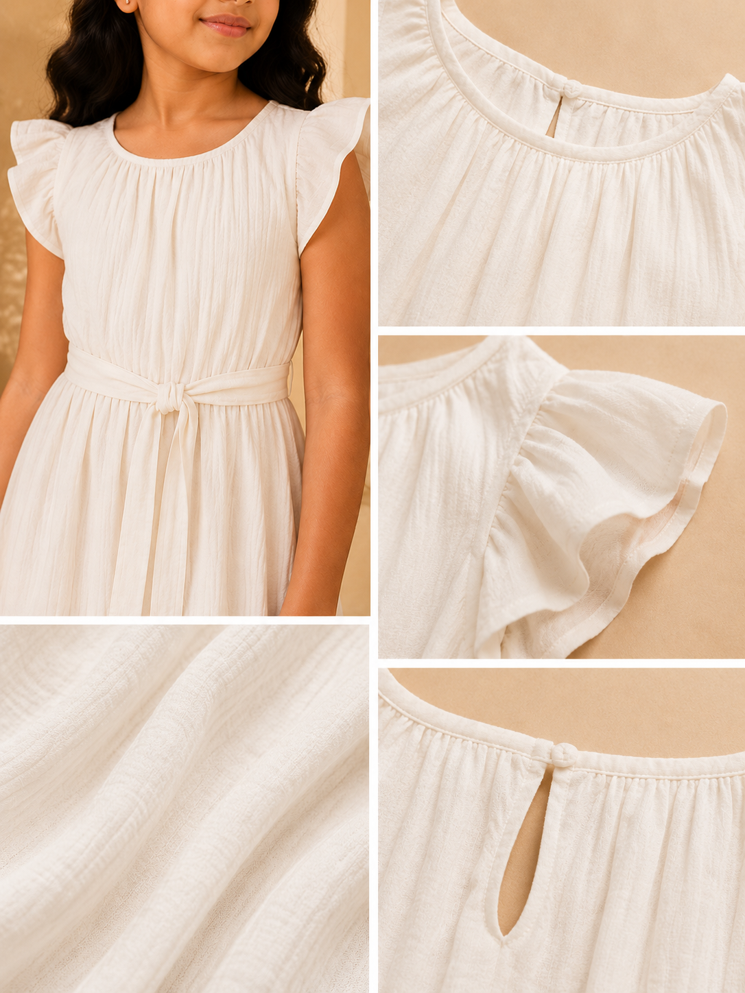 White girls short sleeve dress with subtle striped pattern and flared hem