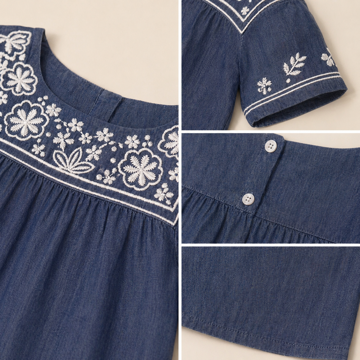 Blue girls short sleeve top with white floral embroidery and gathered detailing