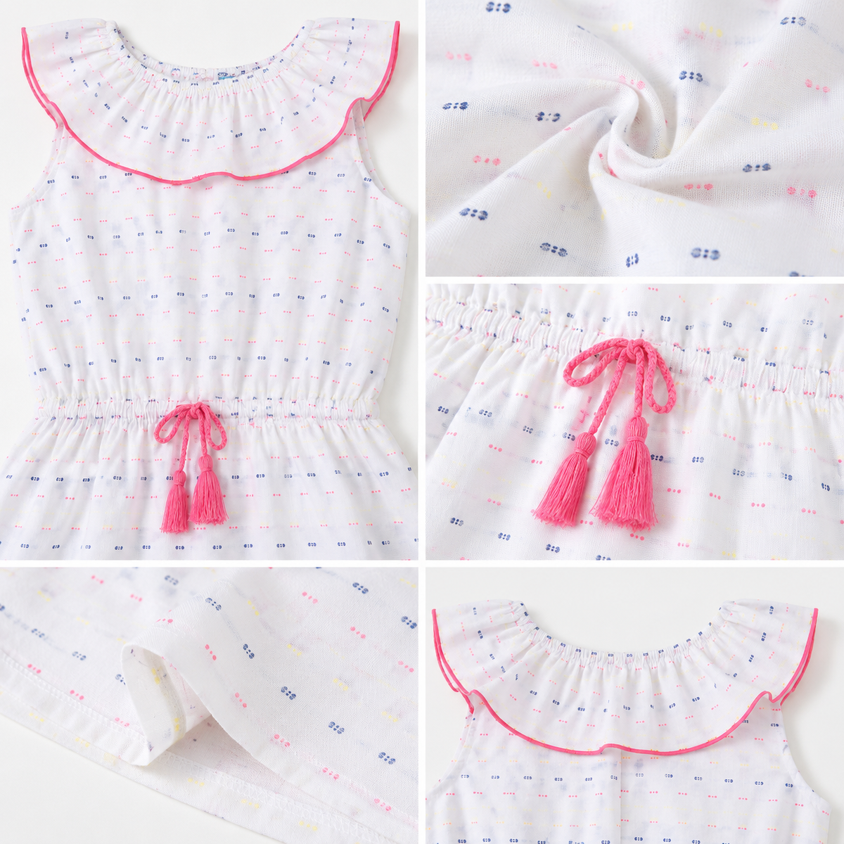 White and pink striped girls sleeveless dress with ruffle neckline and tassel detailing