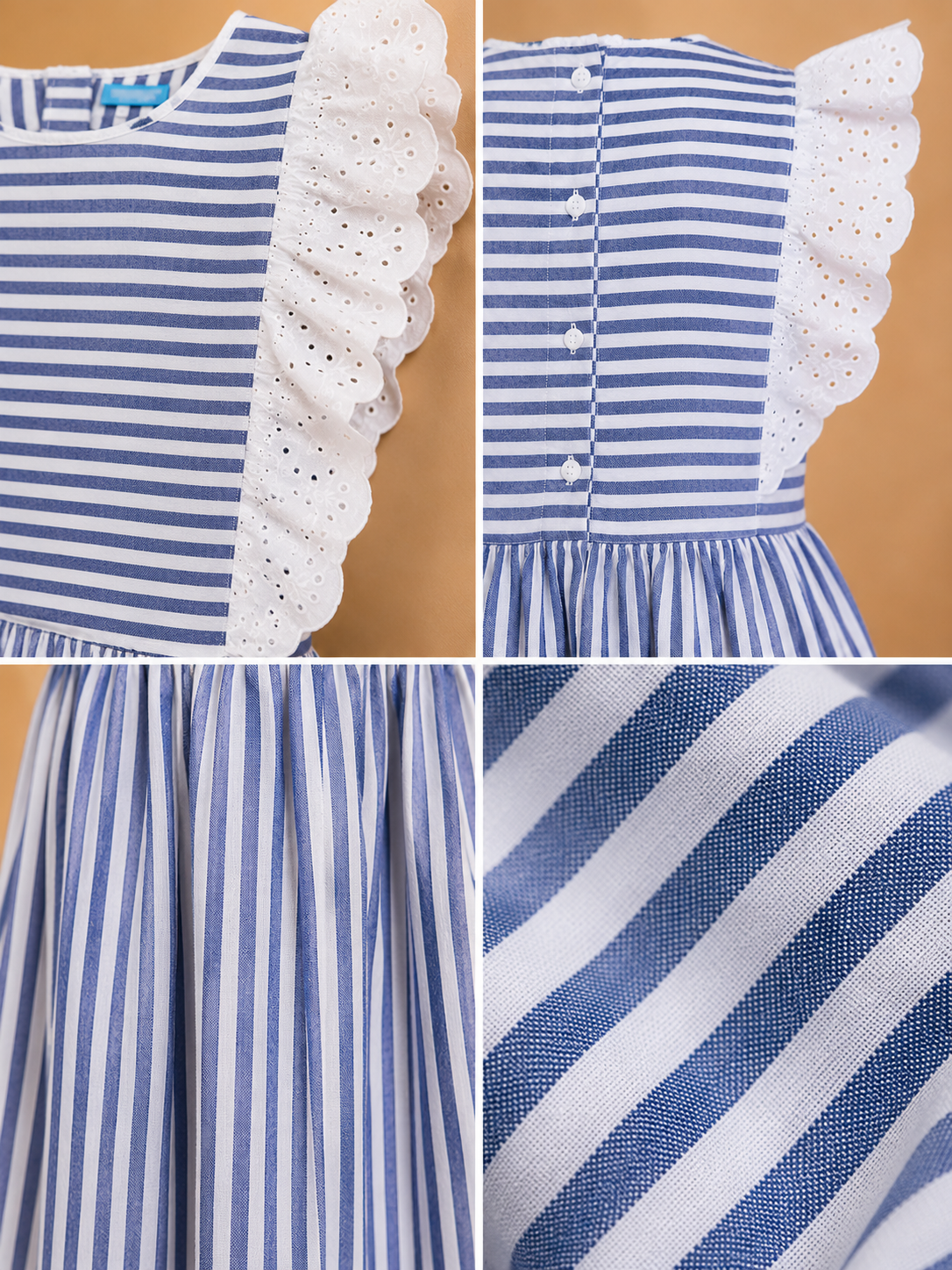 Blue and white striped girls sleeveless dress with gathered waist and flared hem
