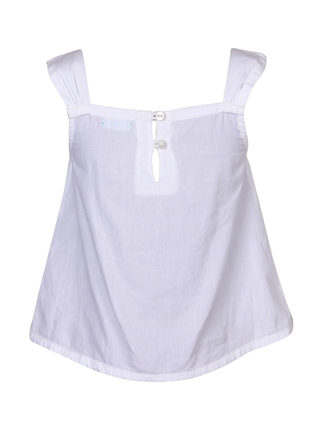 White and blue striped girls sleeveless top with ruffle straps and flared hem