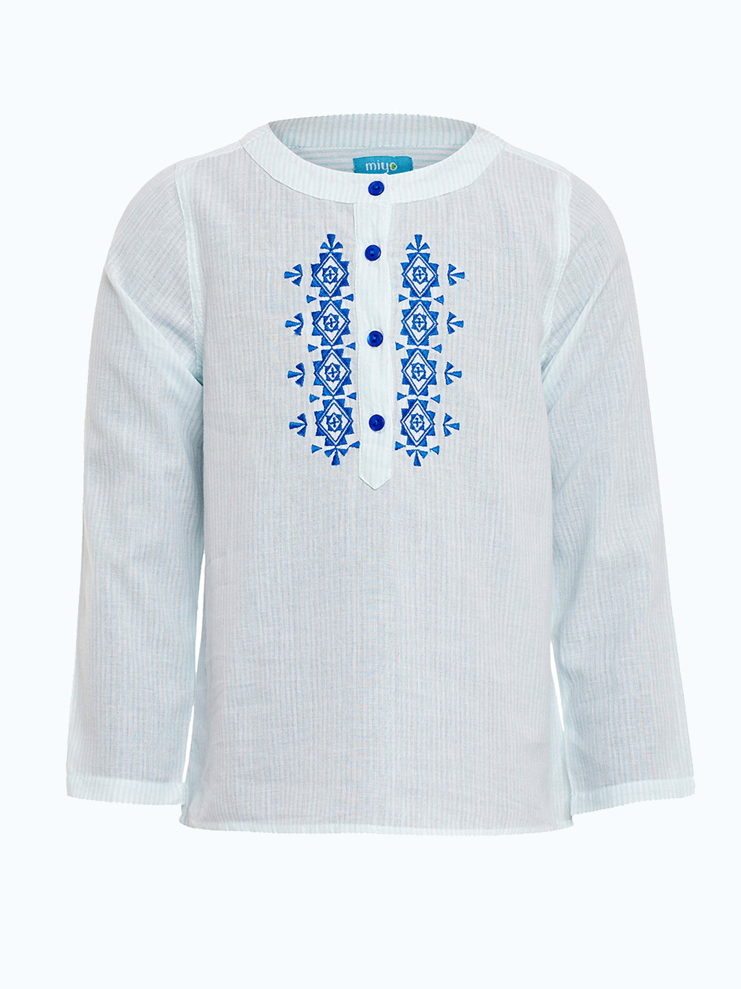 Blue and white girls long sleeve top with ruffle front detailing