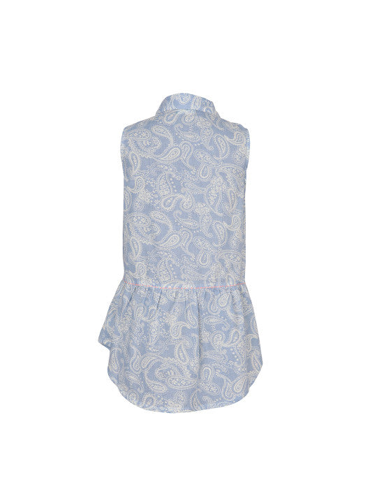 Blue and white floral printed girls sleeveless romper with ruffle detailing and shorts