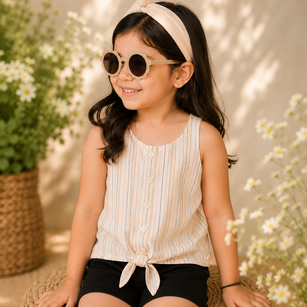 Beige girls sleeveless top with black ruffle trim and bow detailing