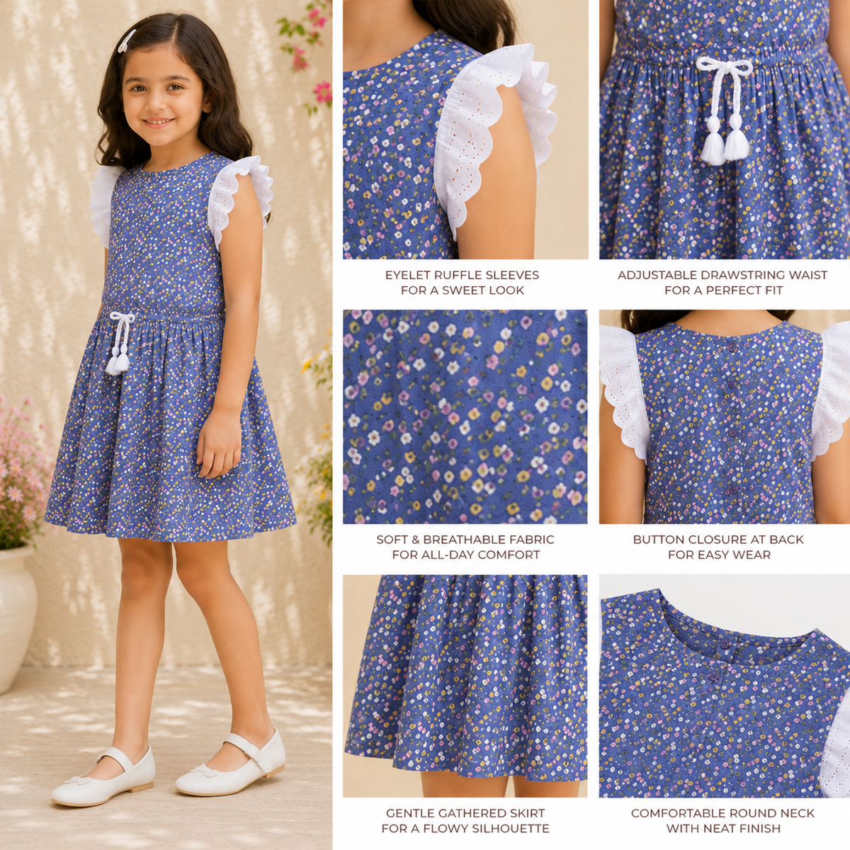 Blue checked girls sleeveless fit and flare dress with ruffle detailing and pleated skirt