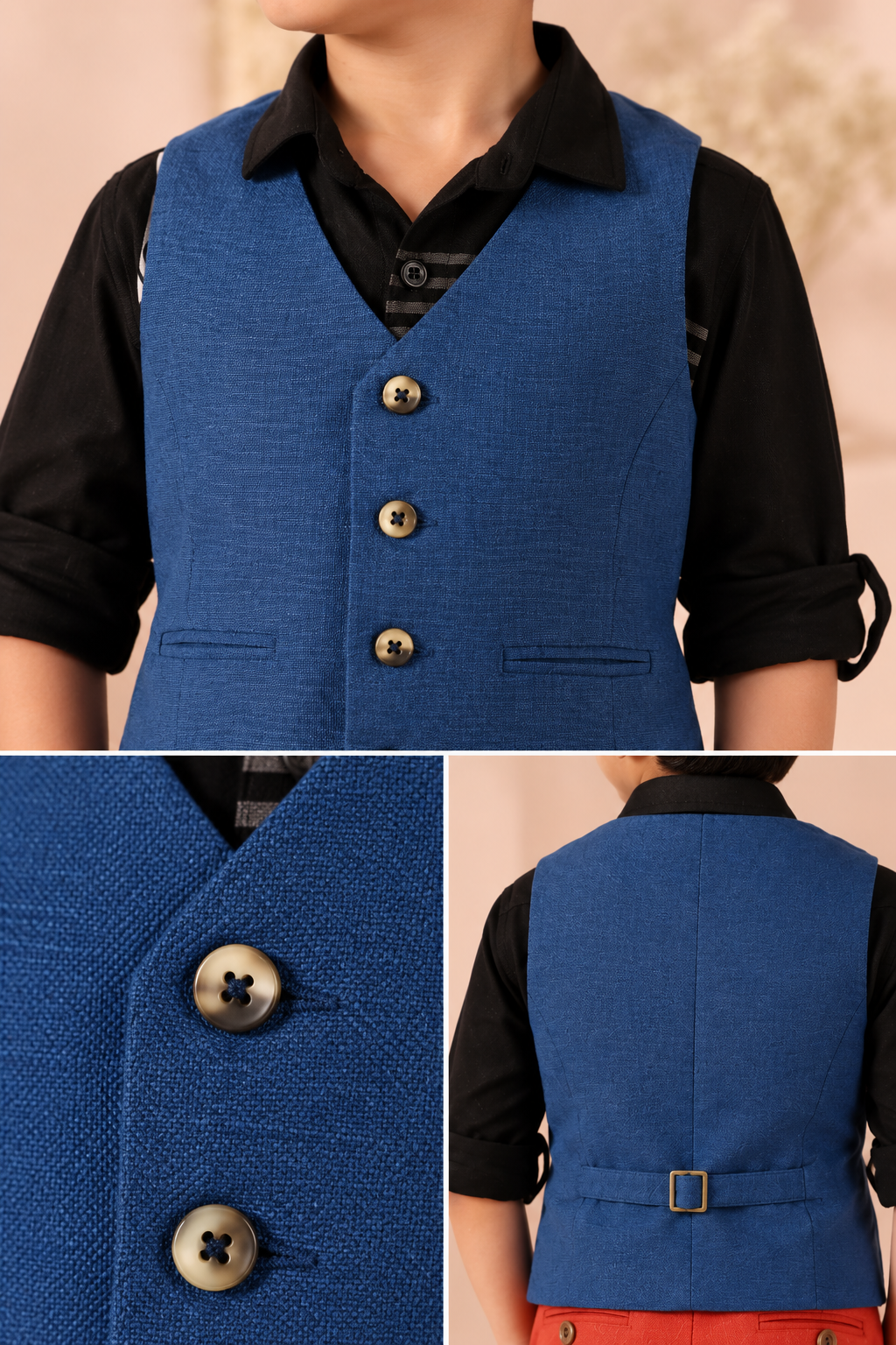 Navy blue boys sleeveless waistcoat with front button closure and contrast detailing
