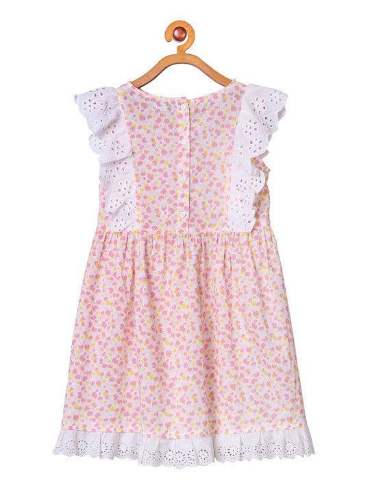 Pink floral printed girls short sleeve fit and flare dress with lace trim and flared hem