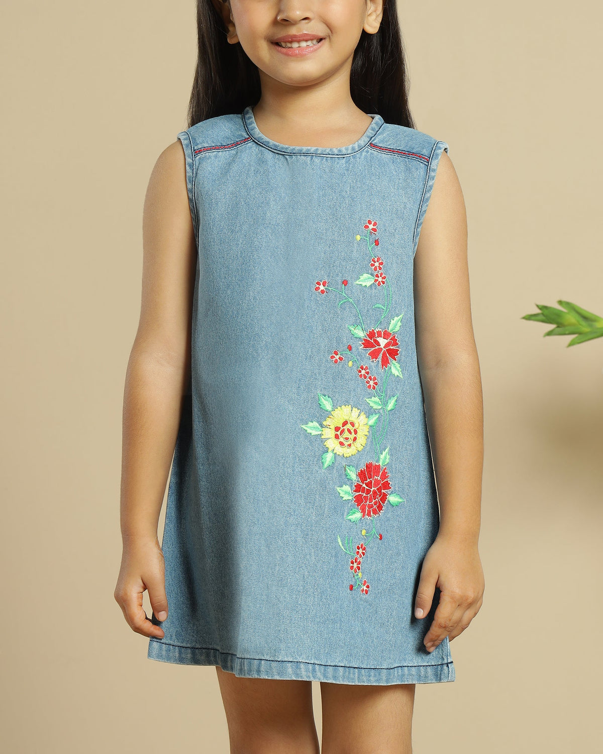 Girls Blue Denim Embroidered A-Line Dress