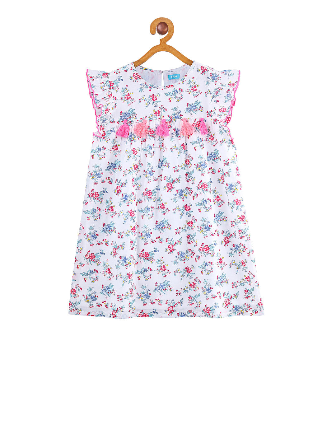 White girls sleeveless floral printed dress with pink and blue detailing and flared hem