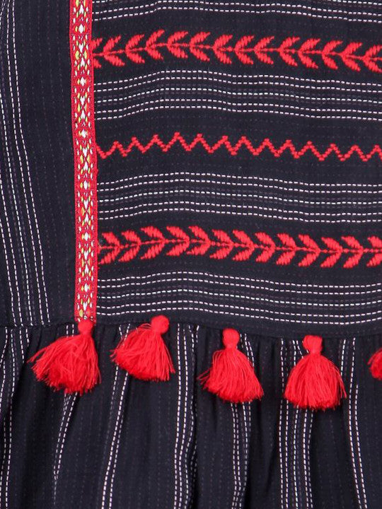 Girls Striped Embroidered Midi Dress