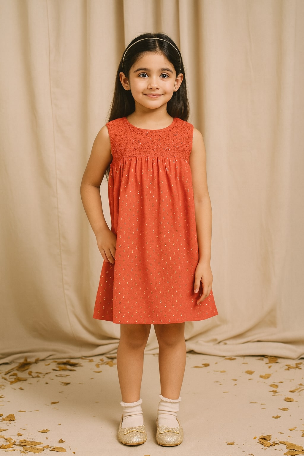 Coral girls sleeveless fit and flare dress with pleated detailing and flared hem