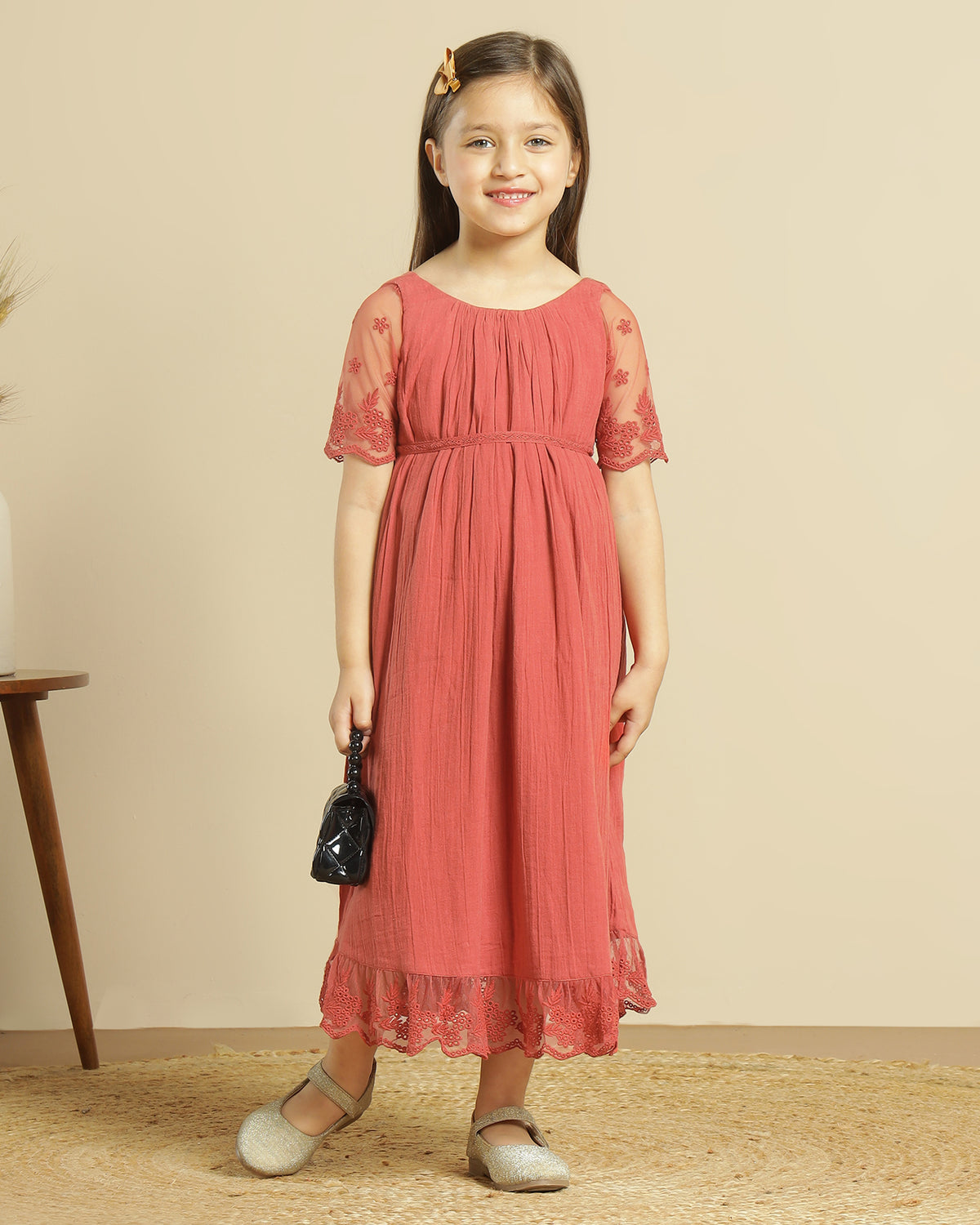 Red girls sleeveless lace fit and flare dress with layered skirt and floral detailing