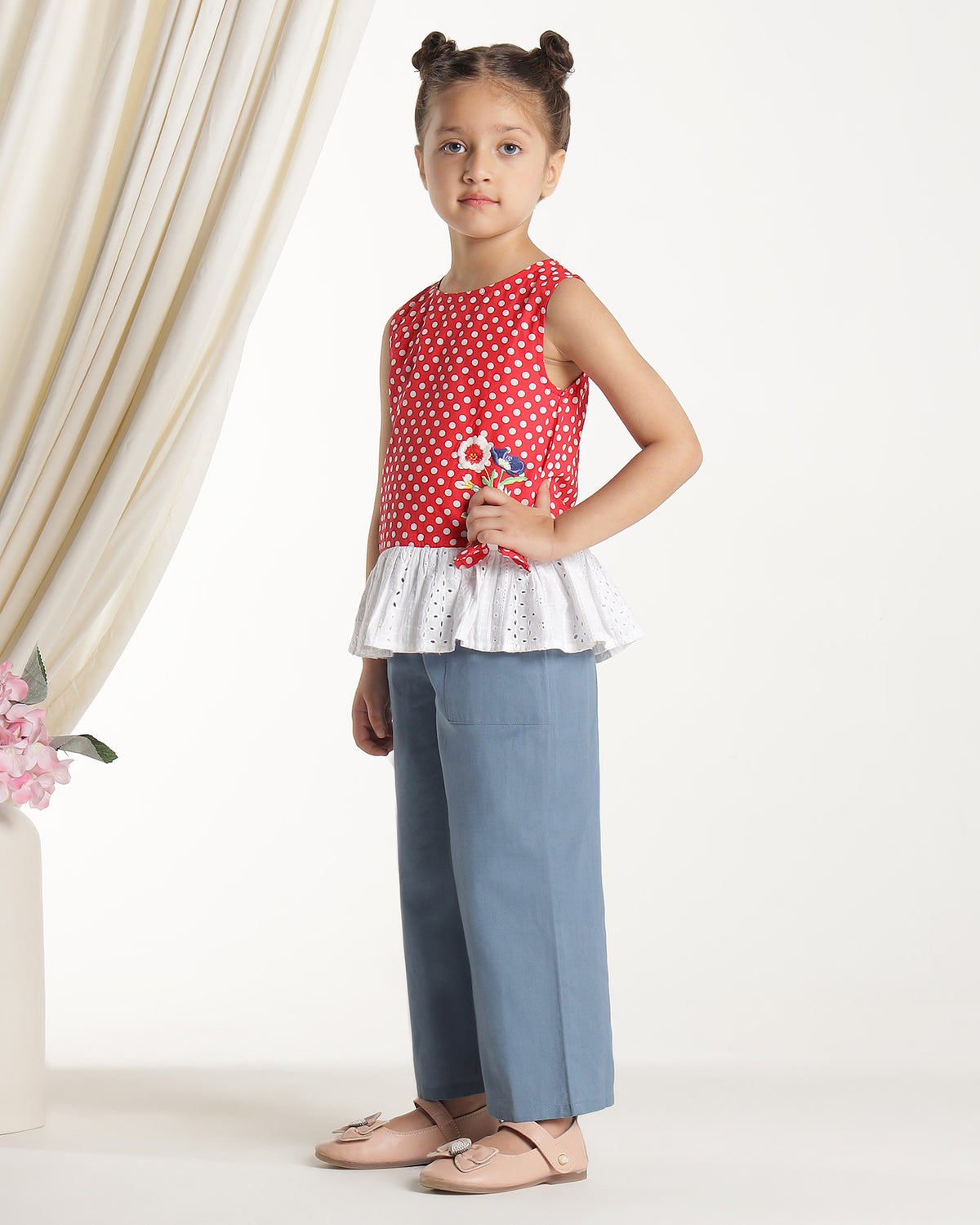 Blue girls wide-leg pants with elasticated waist and relaxed fit