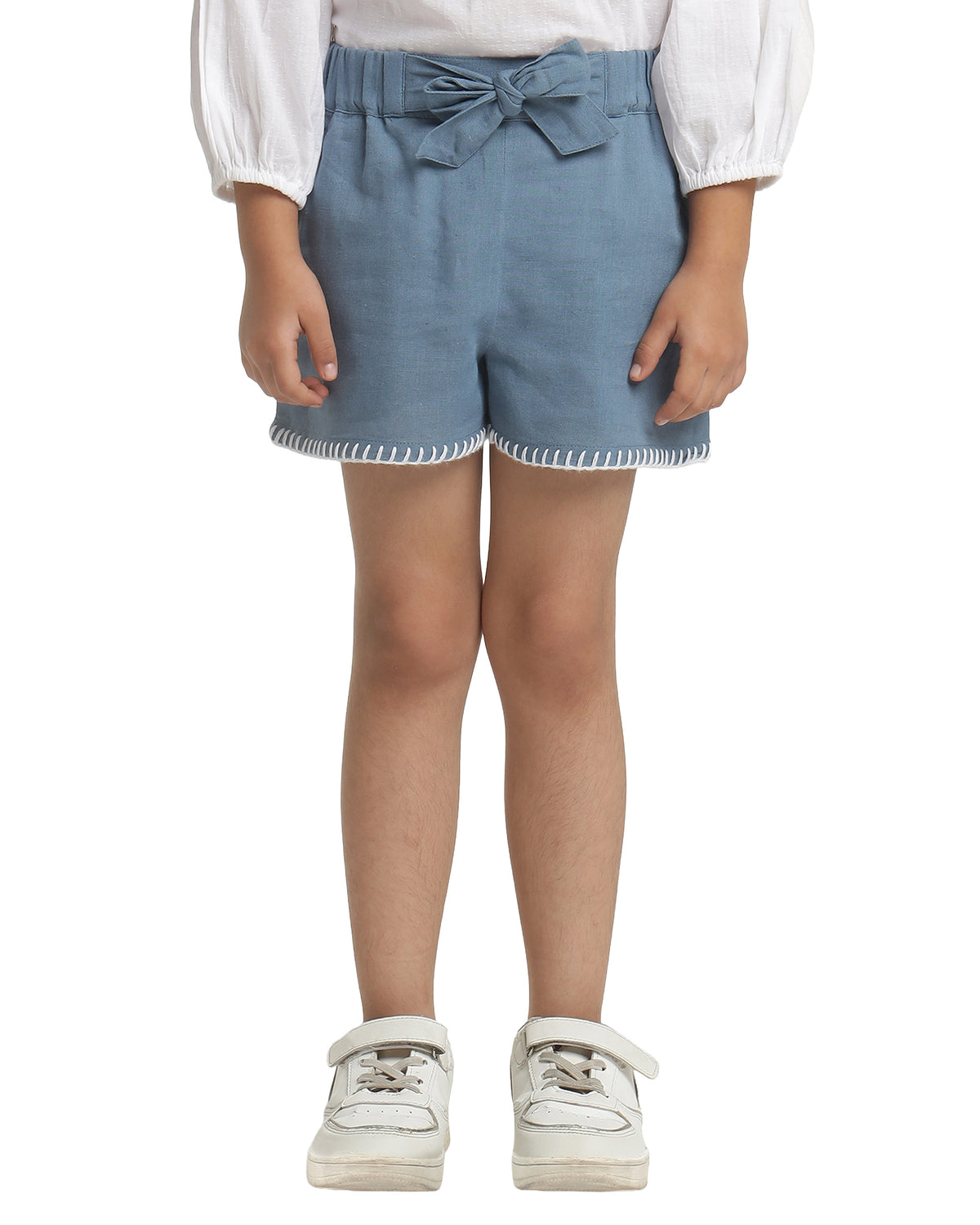 Blue girls casual shorts with drawstring waist and relaxed fit