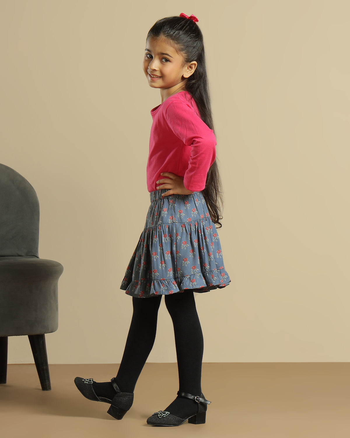 Blue floral printed girls shorts with scalloped hem and contrast detailing