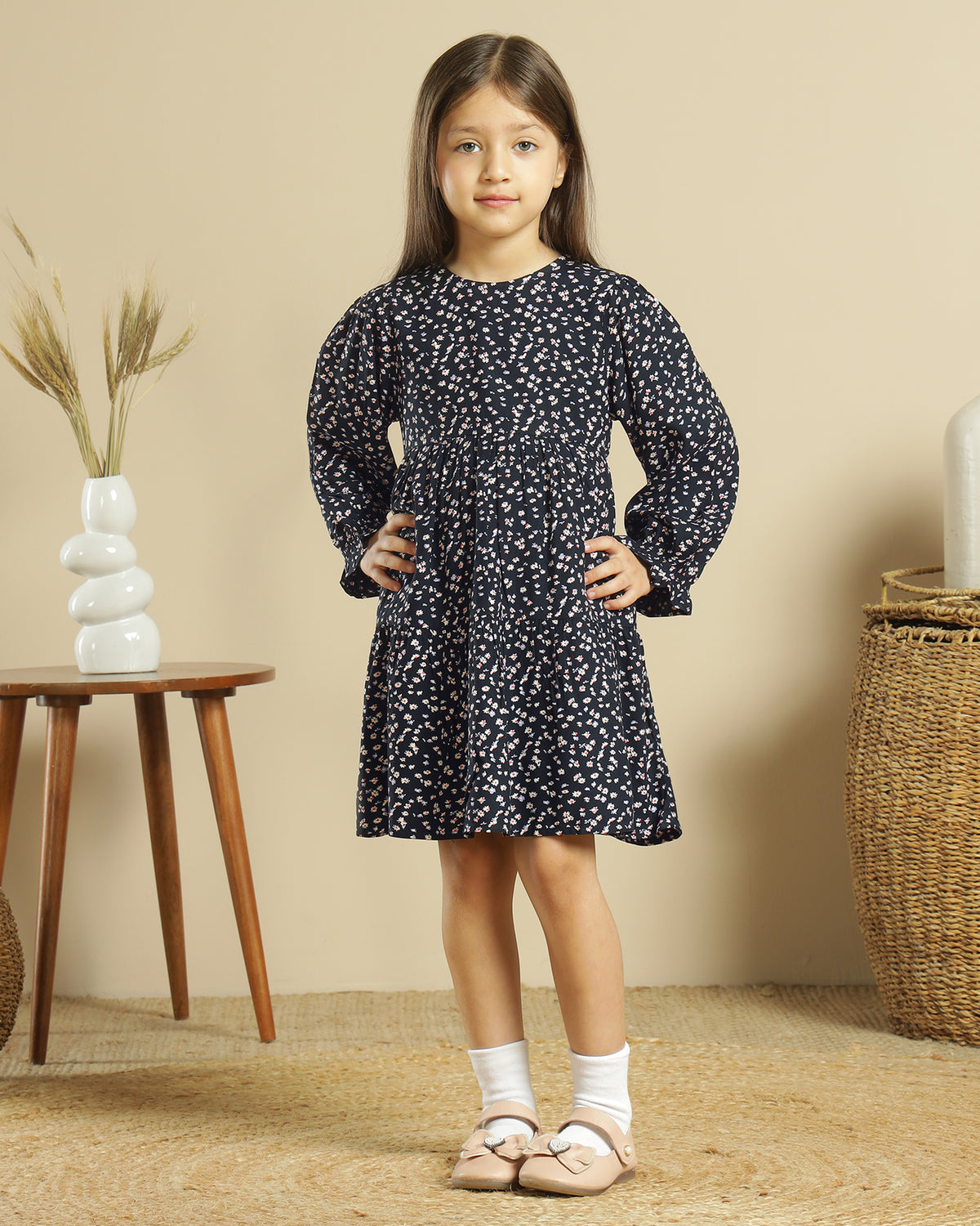 Black girls floral printed flared skirt with layered ruffle detailing