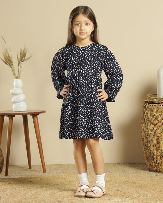 Black girls floral printed flared skirt with layered ruffle detailing