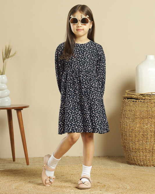 Black girls floral printed flared skirt with layered ruffle detailing
