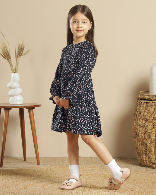 Black girls floral printed flared skirt with layered ruffle detailing