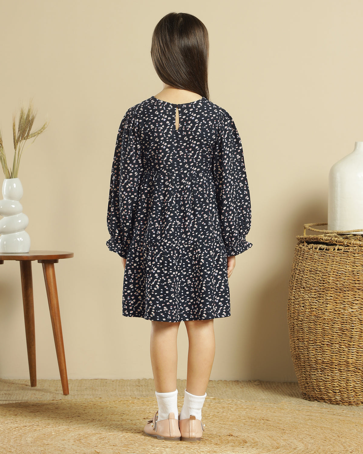 Black girls floral printed flared skirt with layered ruffle detailing