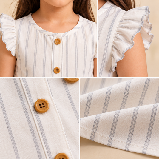 Girls White Vertical Striped Sleeveless Top with Ruffle Shoulders, Front Button Closure and Round Neck,