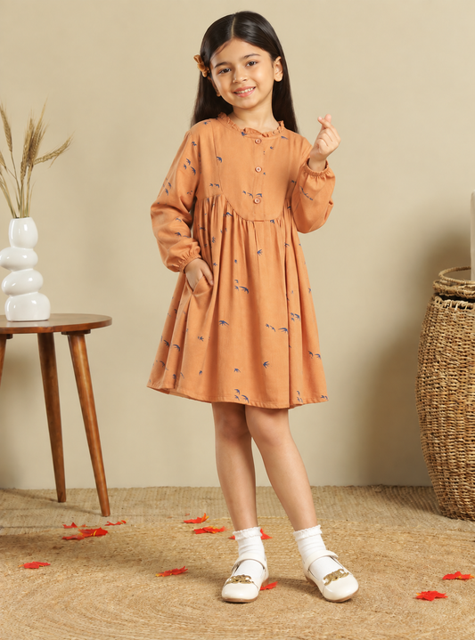 Girls Printed Ruffle Neck Dress