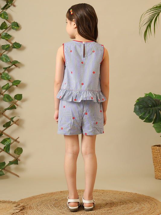 Blue striped girls sleeveless co-ord set with red bow print and matching shorts