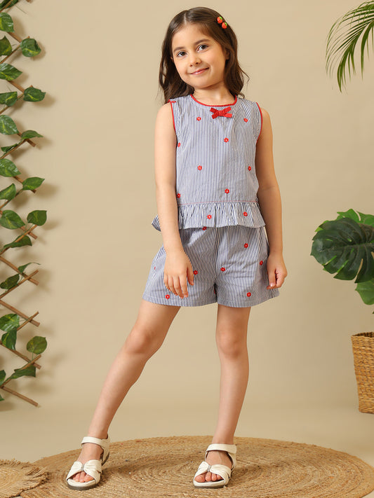 Blue striped girls sleeveless co-ord set with red bow print and matching shorts