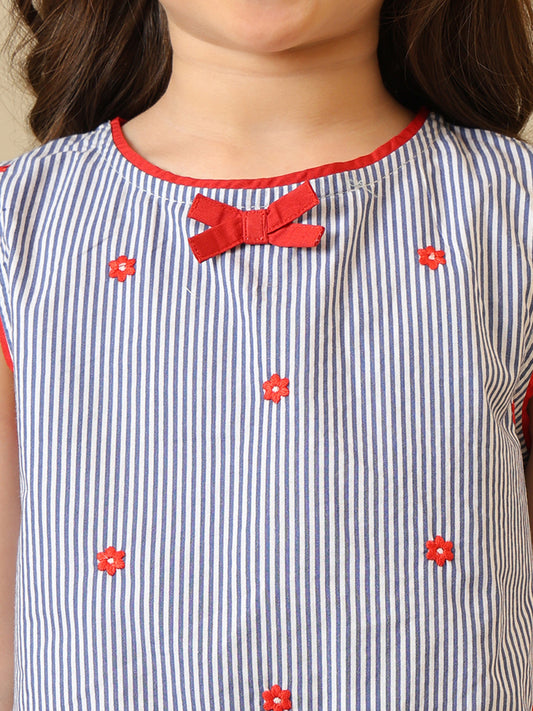 Blue striped girls sleeveless co-ord set with red bow print and matching shorts