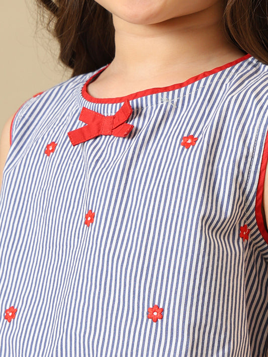 Blue striped girls sleeveless co-ord set with red bow print and matching shorts