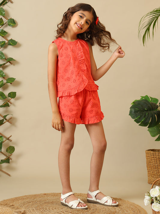 Coral girls sleeveless co-ord set with ruffle detailing and matching shorts