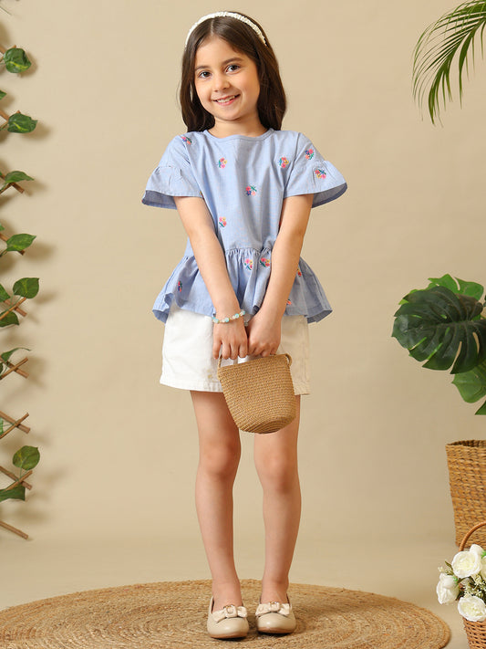 Girls Embroidered Ruffle Hem Top
