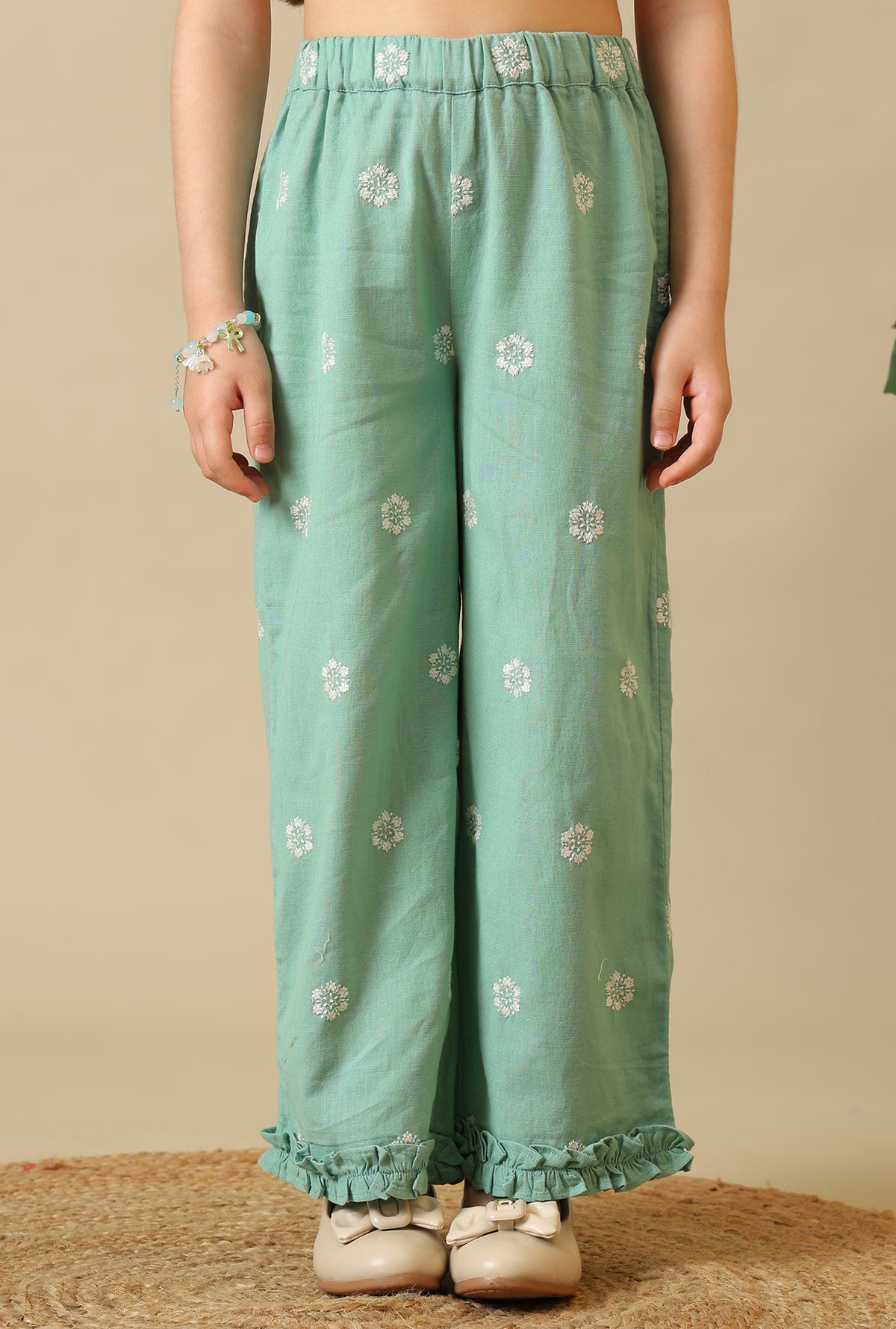 Mint green girls embroidered co-ord set with sleeveless peplum top and wide-leg pants
