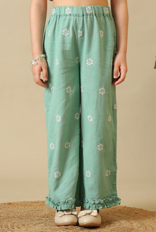 Mint green girls embroidered co-ord set with sleeveless peplum top and wide-leg pants