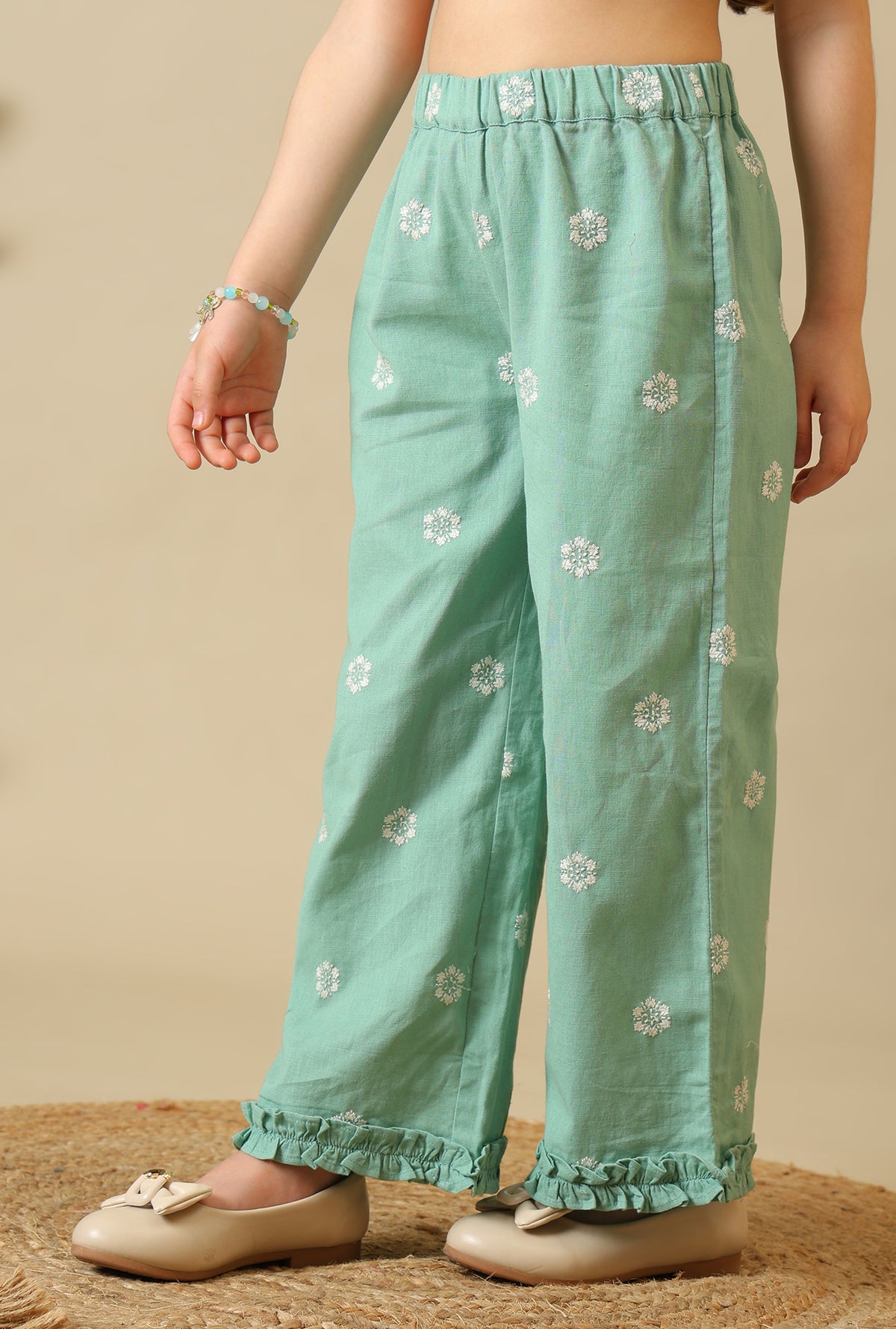 Mint green girls embroidered co-ord set with sleeveless peplum top and wide-leg pants