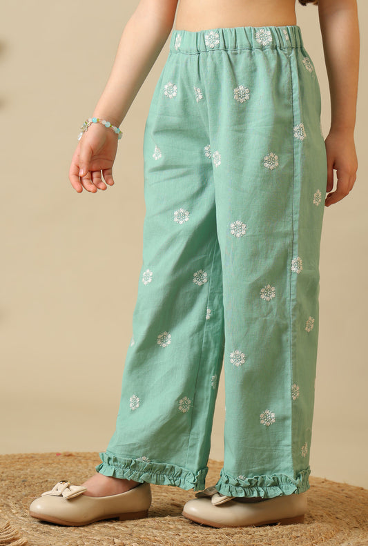 Mint green girls embroidered co-ord set with sleeveless peplum top and wide-leg pants