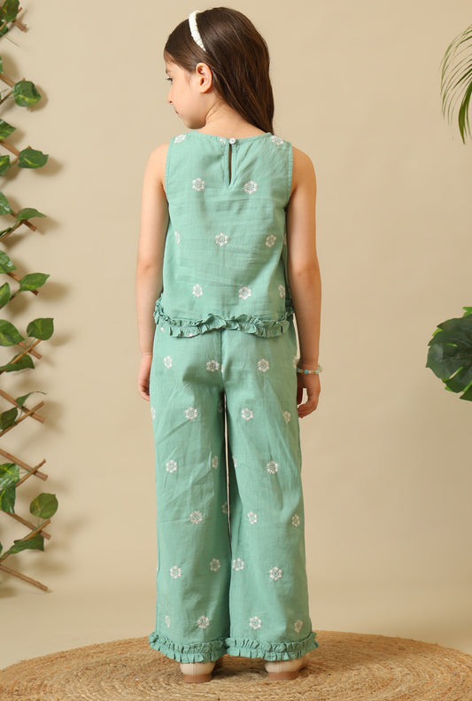 Mint green girls embroidered co-ord set with sleeveless peplum top and wide-leg pants