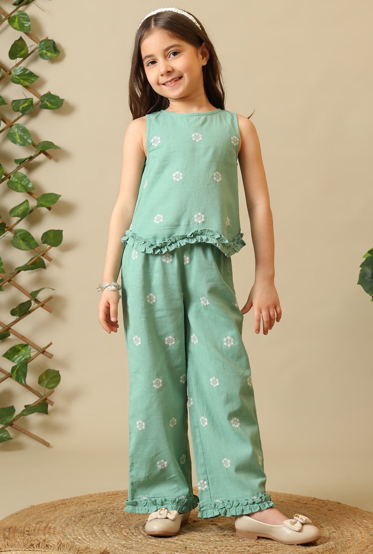 Mint green girls embroidered co-ord set with sleeveless peplum top and wide-leg pants