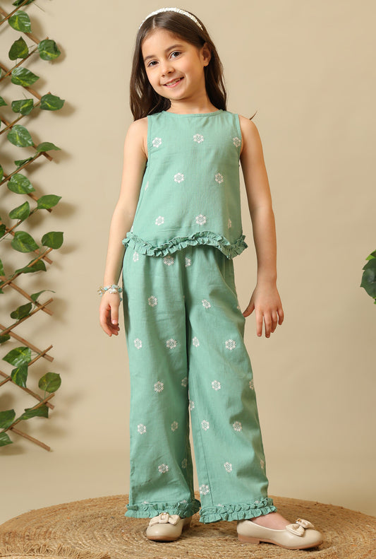 Mint green girls embroidered co-ord set with sleeveless peplum top and wide-leg pants