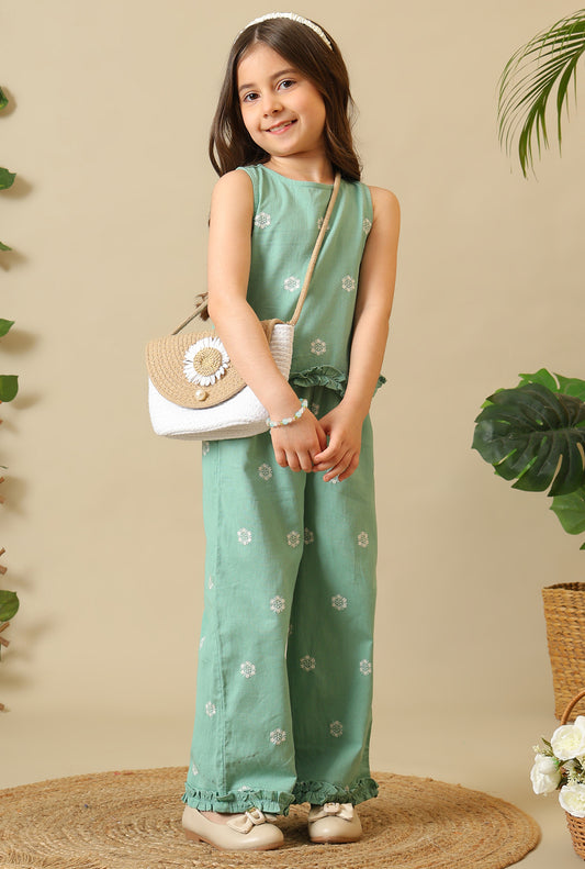 Mint green girls embroidered co-ord set with sleeveless peplum top and wide-leg pants