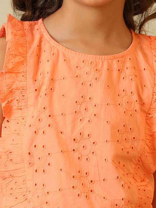 Orange girls sleeveless co-ord set with textured ruffle top and matching shorts