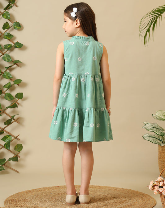 Mint green girls sleeveless A-line dress with floral embroidery and flared hem